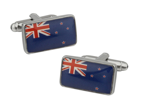 Rectangular New Zealand flag cufflinks with blue enamel background and red stars, featuring the Union Jack design — perfect for formal wear or patriotic gifts.