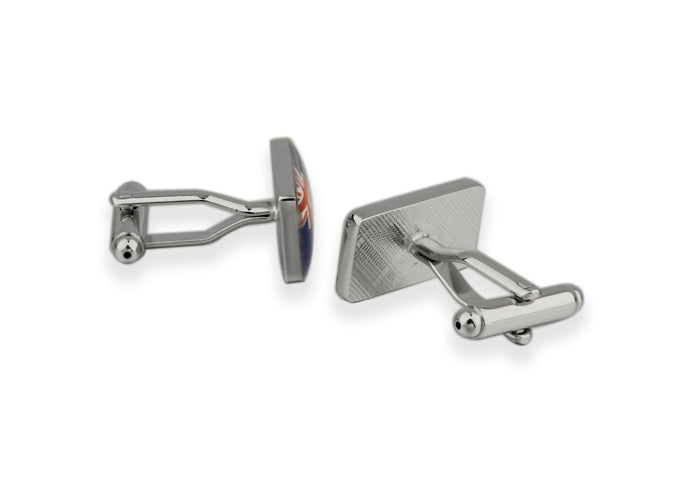 Rectangular New Zealand flag cufflinks with blue enamel background and red stars, featuring the Union Jack design — perfect for formal wear or patriotic gifts.