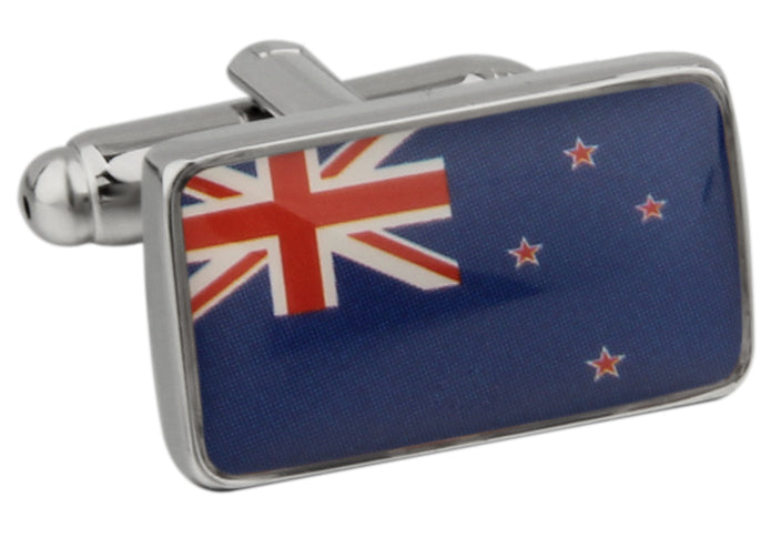 Rectangular New Zealand flag cufflinks with blue enamel background and red stars, featuring the Union Jack design — perfect for formal wear or patriotic gifts.