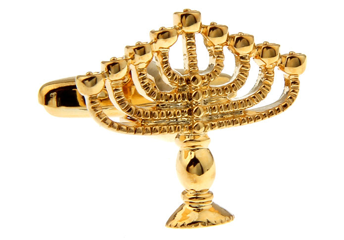 Gold Menorah cufflinks on a white background