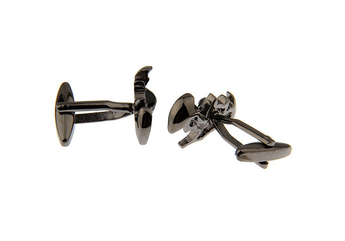 Pair of black anchor-shaped cufflinks on a white background
