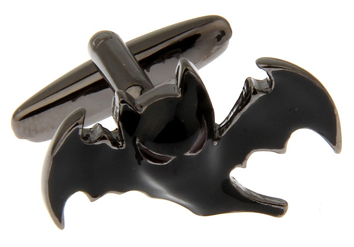 Black bat-shaped cufflinks on a white background
