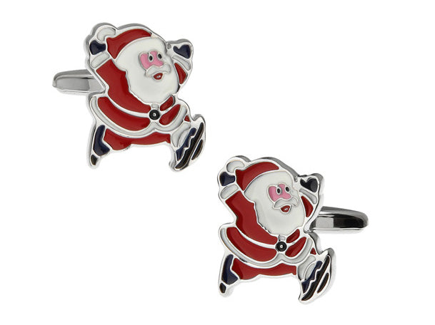 Two Santa Claus cufflinks on a white background