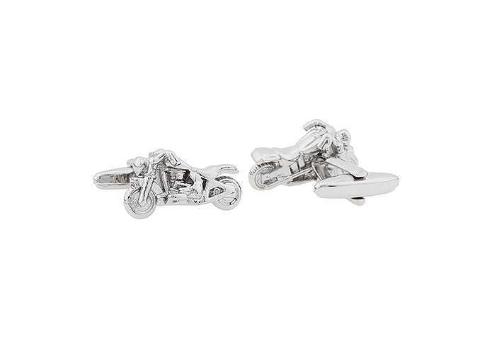 Motorcycle-shaped silver cufflinks on a white background