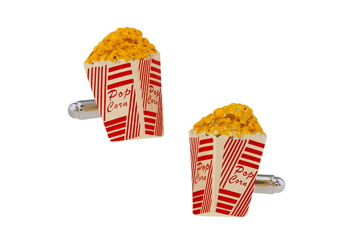 Popcorn-themed cufflinks on a white background