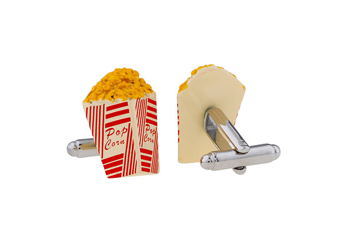 Popcorn box and kernel cufflinks on a white background