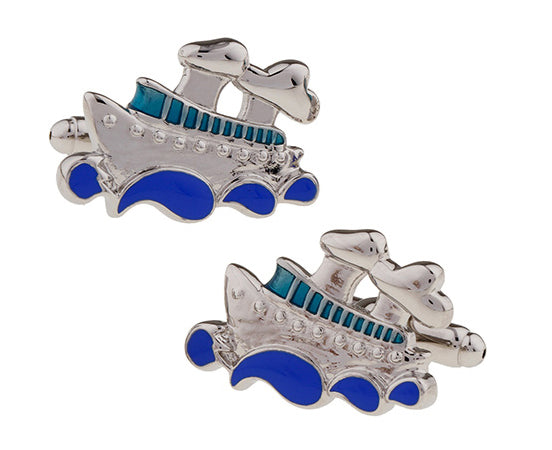Cruise ship cufflinks with blue and silver design on a white background