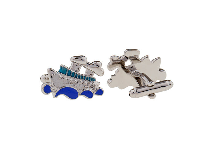 Cruise ship cufflinks in silver with blue enamel wave details on white background