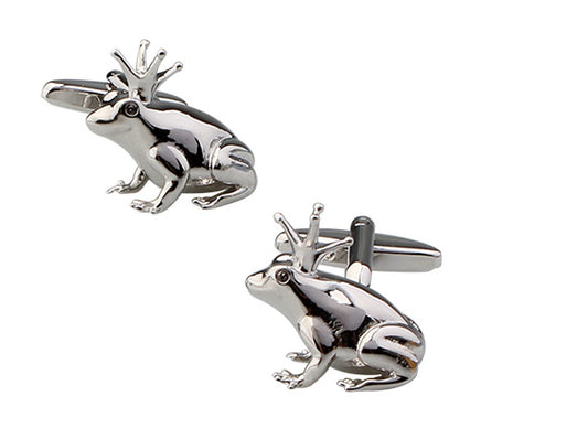 Silver frog cufflinks on a white background