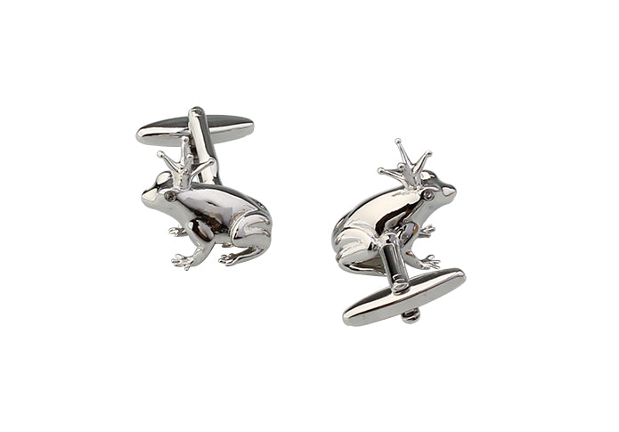 Silver frog-shaped cufflinks on a white background