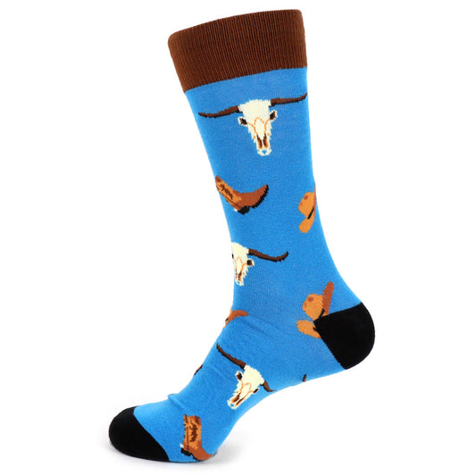 Fun Socks Men's Cowboy Novelty Socks Blue and Black Old West Western Cows and Boots Gift for Dad Cowboy Gifts