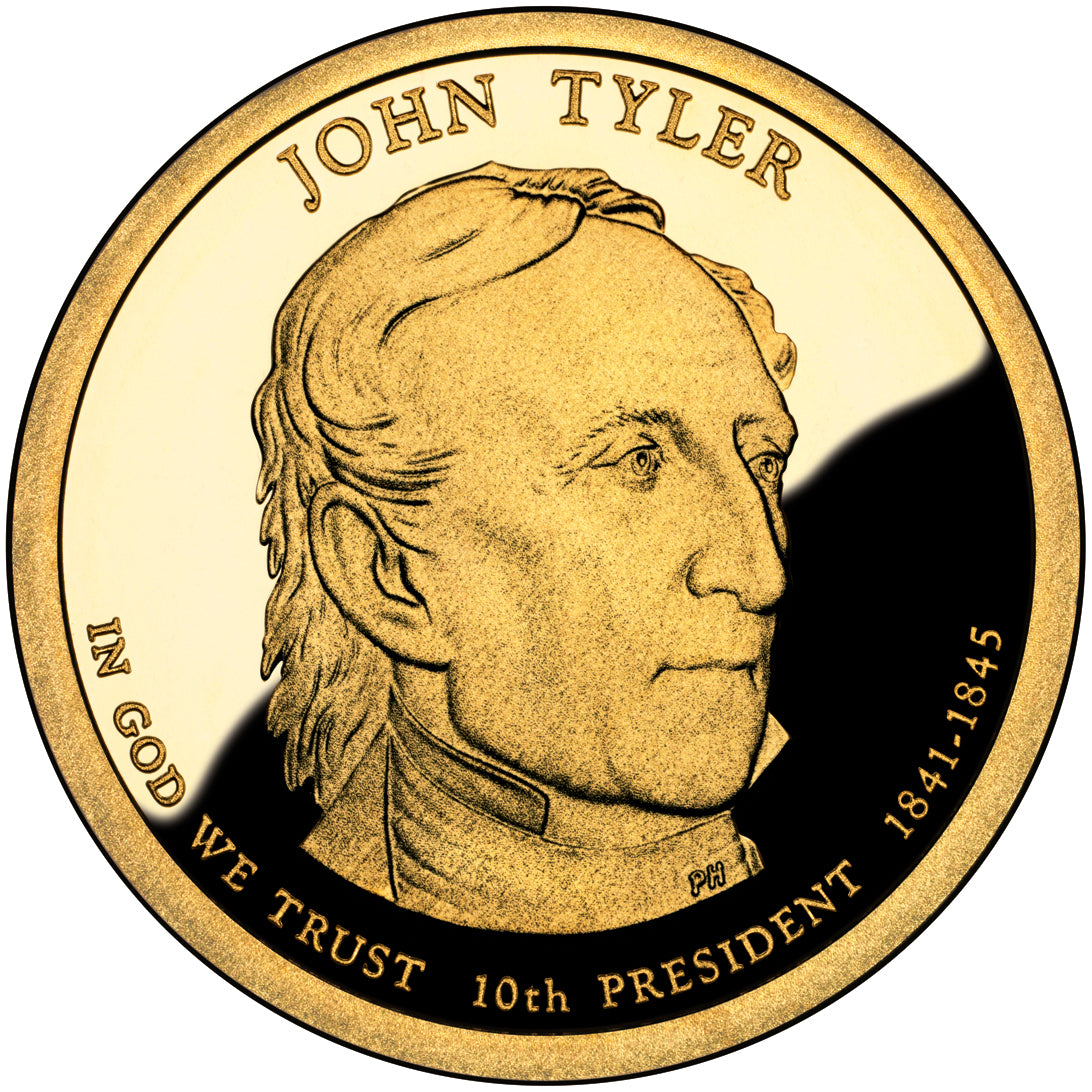 John Tyler Presidential Dollar Lapel Pin, Uncirculated One Gold Dollar Coin Enamel Pin