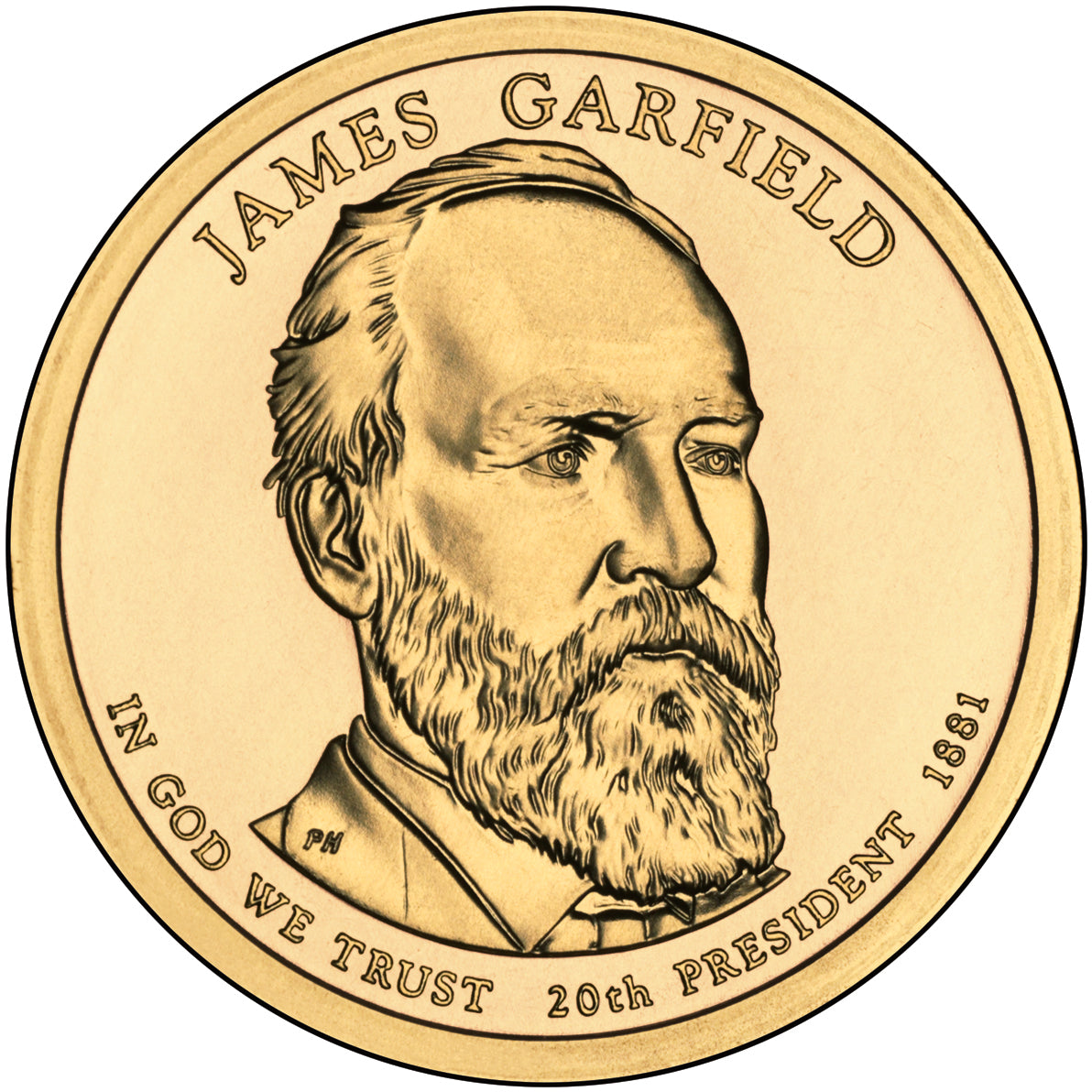 James Garfield Presidential Dollar Lapel Pin, Uncirculated One Gold Dollar Coin Enamel Pin