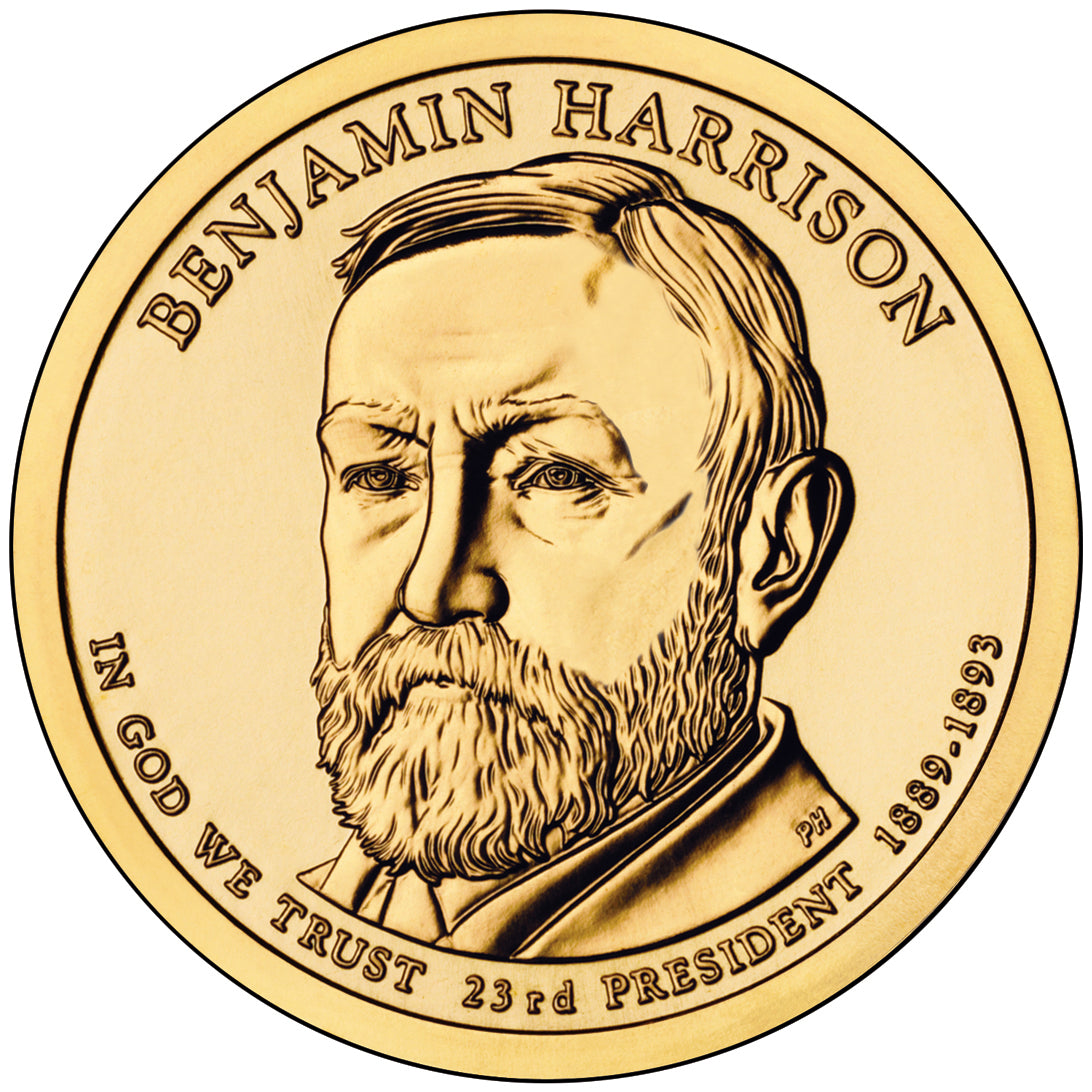 Benjamin Harrison Presidential Dollar Lapel Pin, Uncirculated One Gold Dollar Coin Enamel Pin