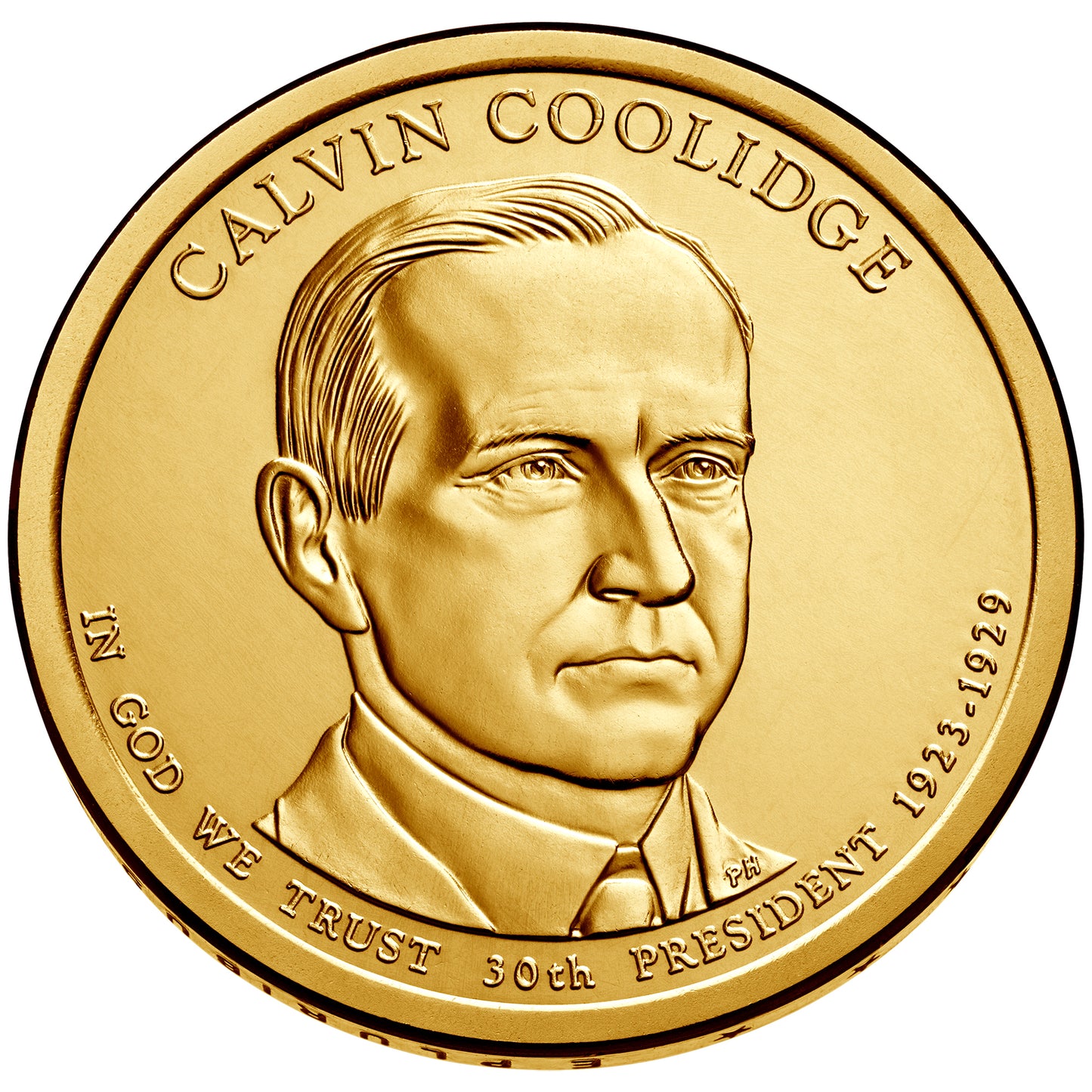 Calvin Coolidge Presidential Dollar Lapel Pin, Uncirculated One Gold Dollar Coin Enamel Pin