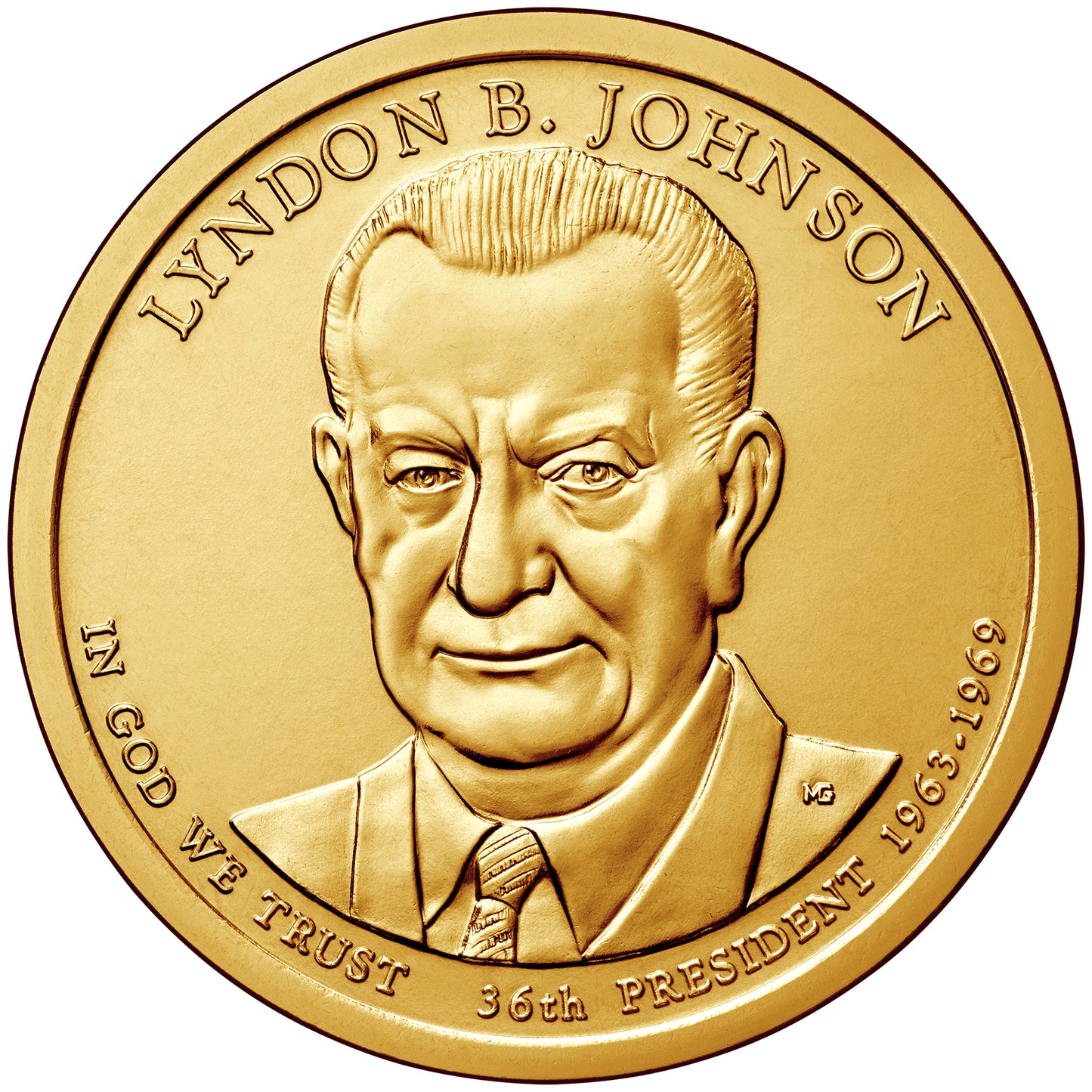 Lyndon Johnson Presidential Dollar Lapel Pin, Uncirculated One Gold Dollar Coin Enamel Pin LBJ