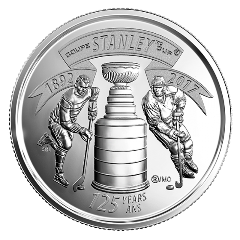 Silver coin commemorating the 125th anniversary of the Stanley Cup with hockey players and the cup.