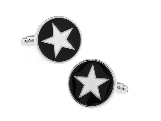 Black and white star cufflinks with polished metal finish and enamel star design