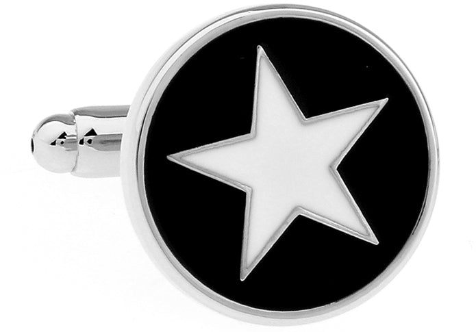 Black and white star cufflinks with polished metal finish and enamel star design