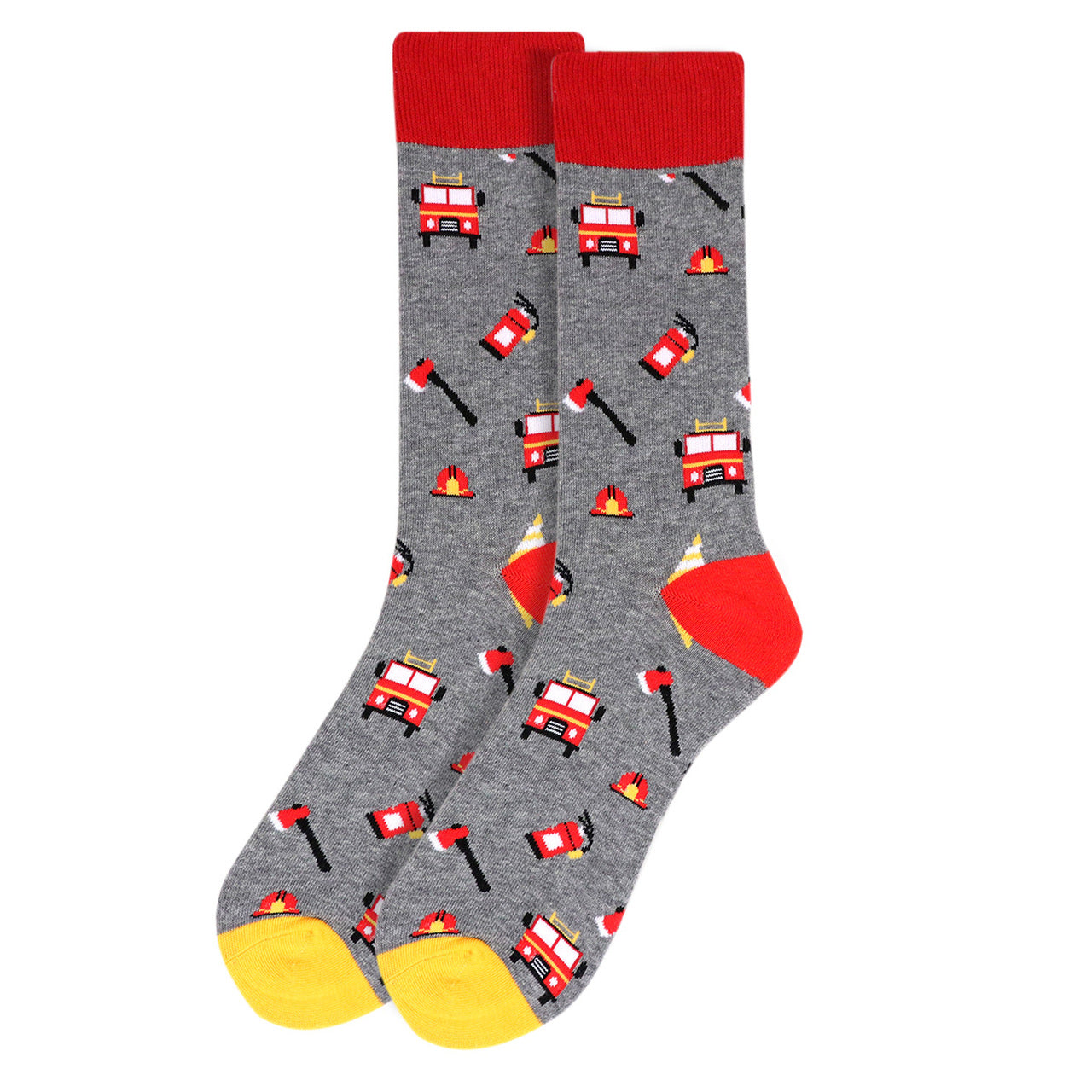 Fun Socks Men's Firefighter Novelty Socks Grey and Red with Yellow Fireman Gift for Dad Firemen Socks