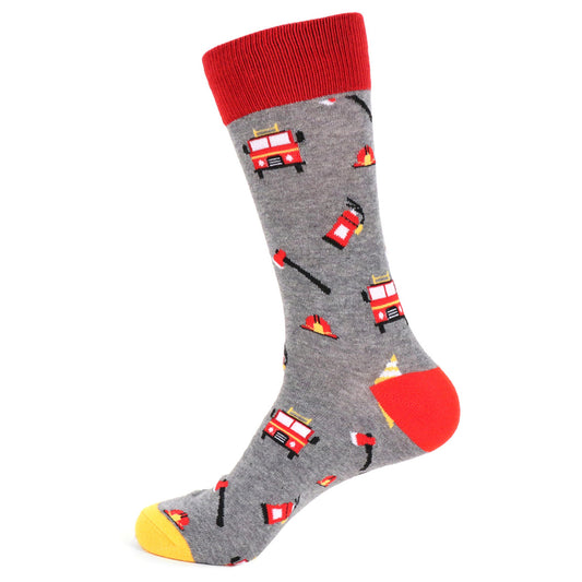 Fun Socks Men's Firefighter Novelty Socks Grey and Red with Yellow Fireman Gift for Dad Firemen Socks