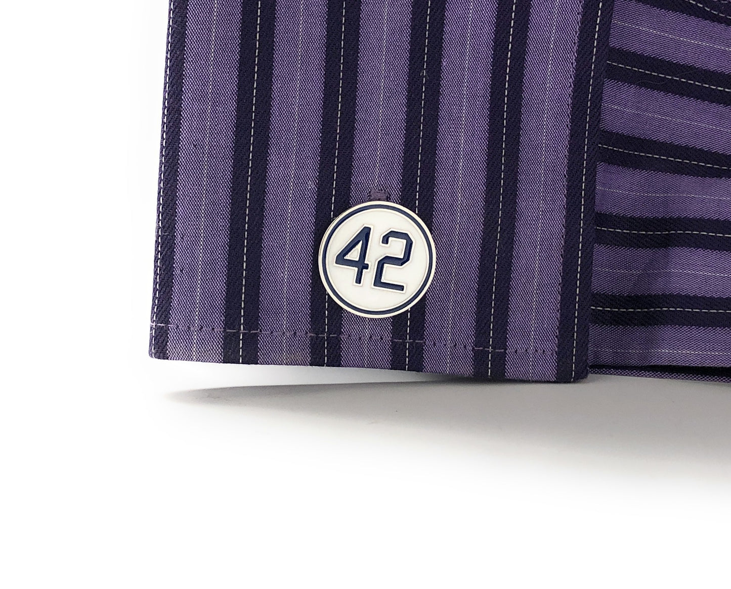 Jackie Robinson number 42 white and blue enamel baseball cufflinks on cufflinks shirt