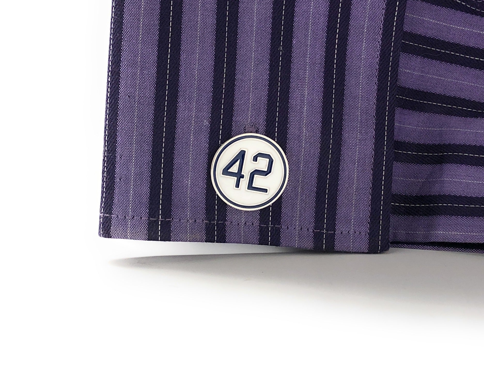Jackie Robinson number 42 white and blue enamel baseball cufflinks on cufflinks shirt