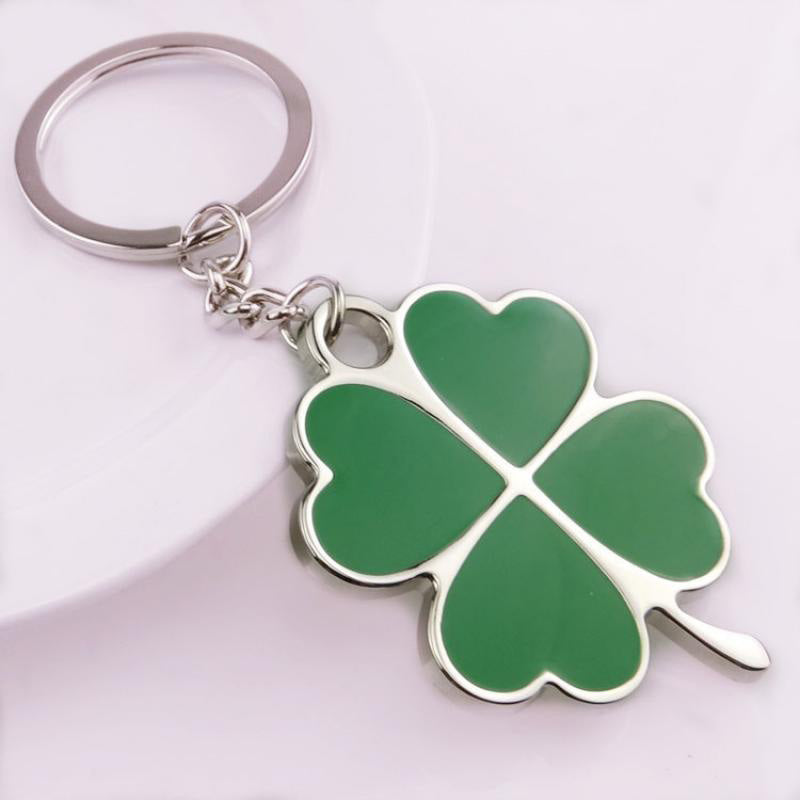 Lucky Four Leaf Clover Keychain Silver Rhodium Green Enamel 4 Leaf Clover Keyring Irish Love Key Chain St Patrick Day Key Ring