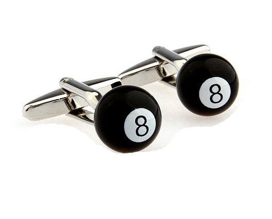Glossy black 8 Ball cufflinks with polished metal frame and secure bullet-back closure