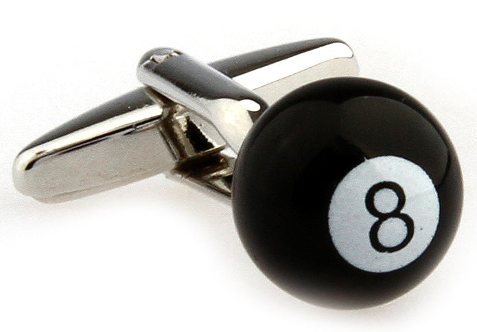Black eight-ball cufflinks with silver clasp on a white background