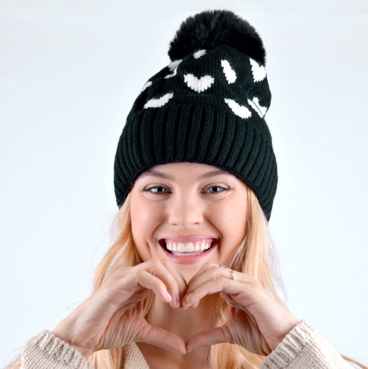 Black Women's Hearts and Pom Pom Knit Winter Hat Beanie Ski Hat