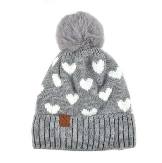 Grey Women's Hearts and Pom Pom Knit Winter Hat Beanie Ski Hat