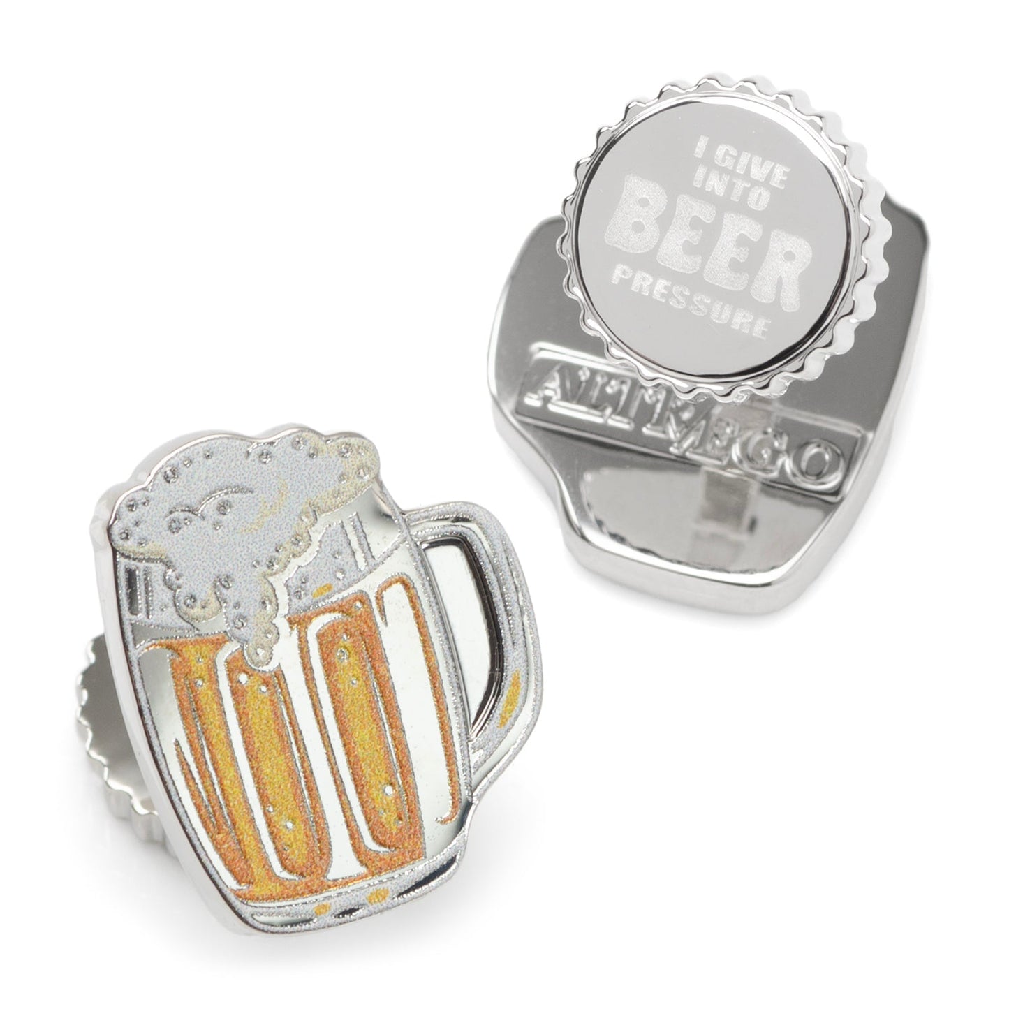 Cufflinks with a beer mug design and bottle cap design on a white background