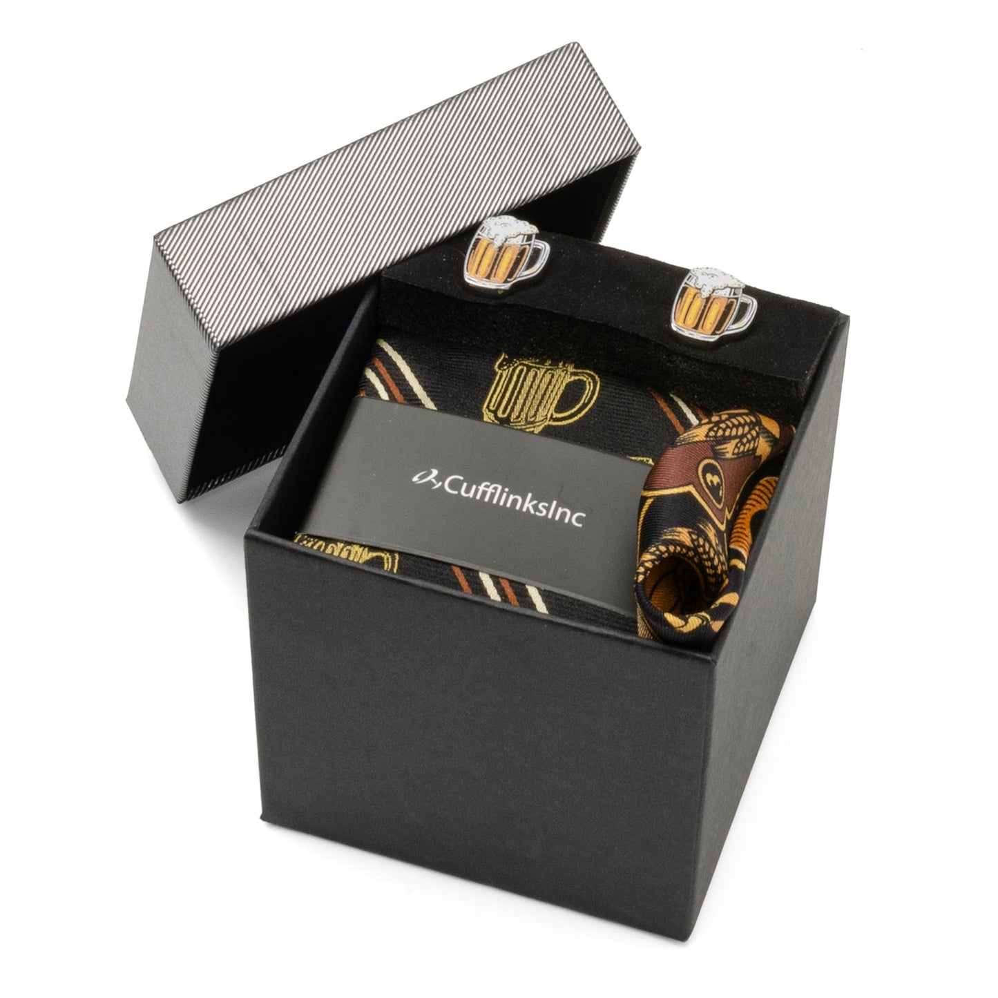 Cufflinks and tie set in a black box with 'J.Cufflinks' branding.