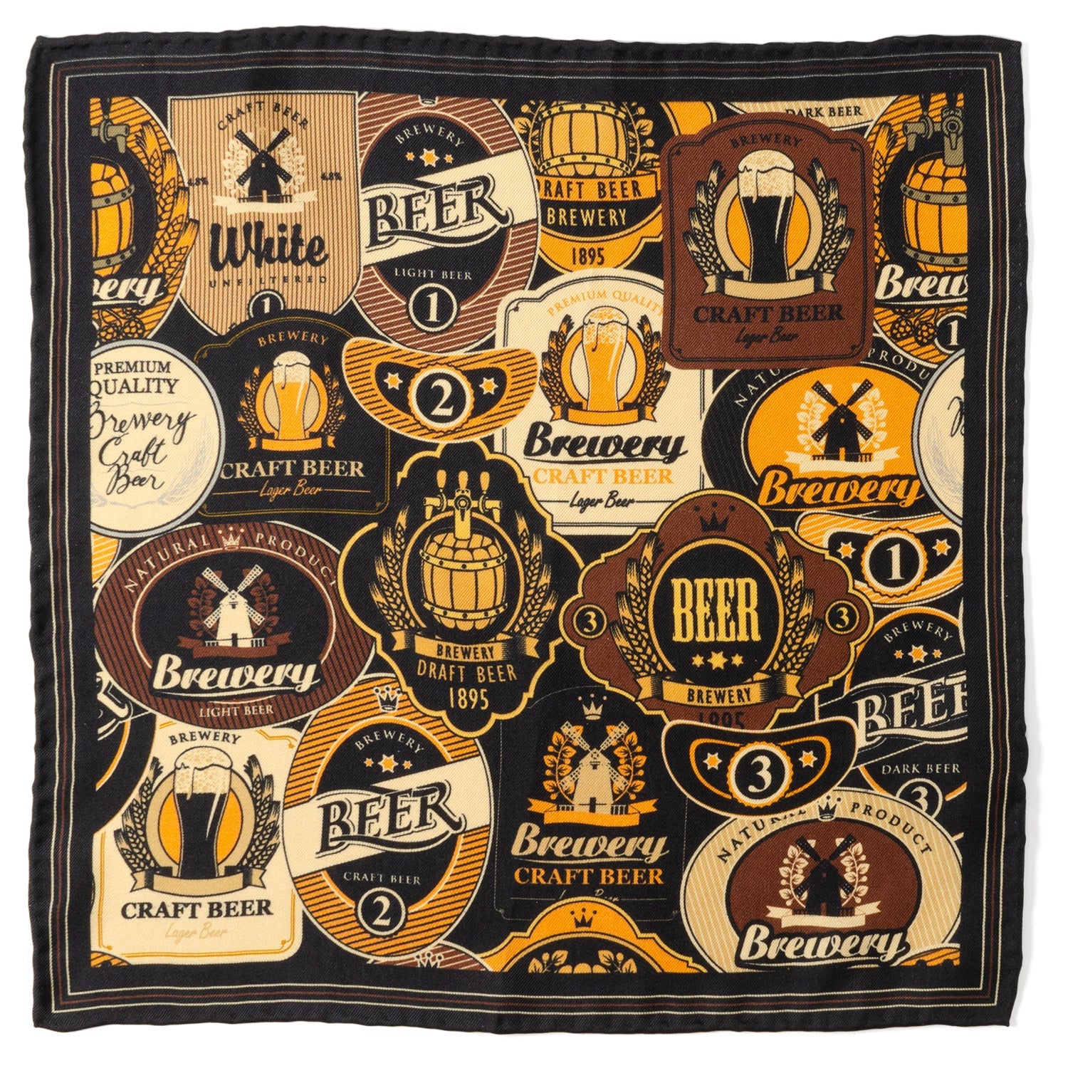 Festive tablecloth with beer-themed design featuring various brewery logos and text.