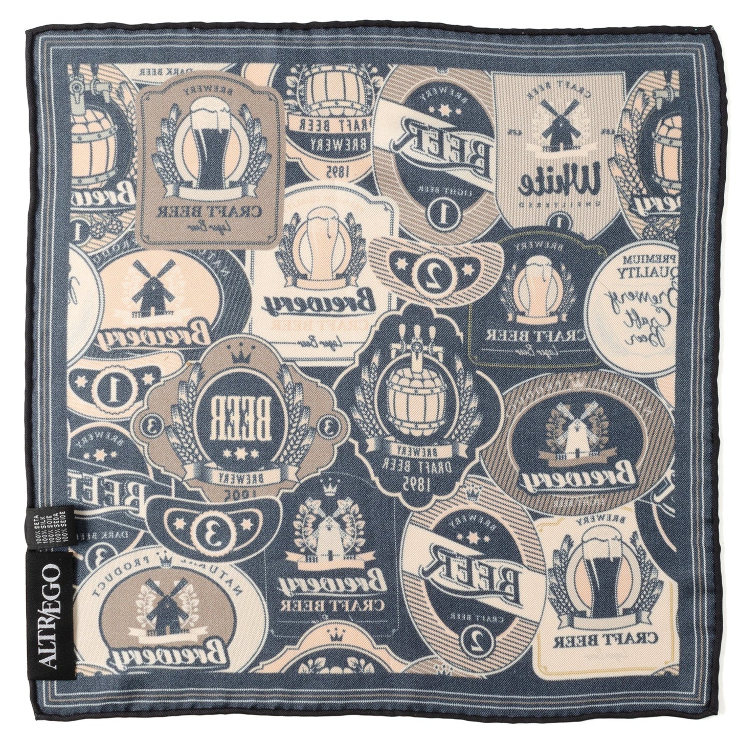 Fabric with vintage beer label pattern on a blue background, featuring the brand 'Alfrec'.