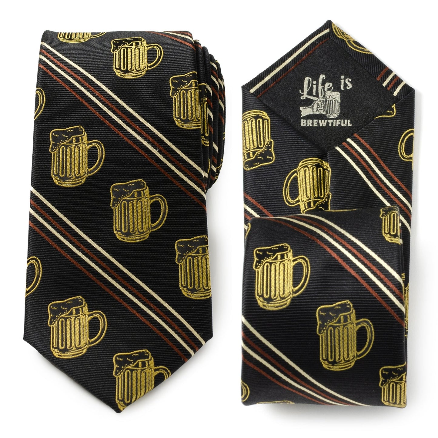 Black tie with gold beer mug pattern and matching pocket square on a white background