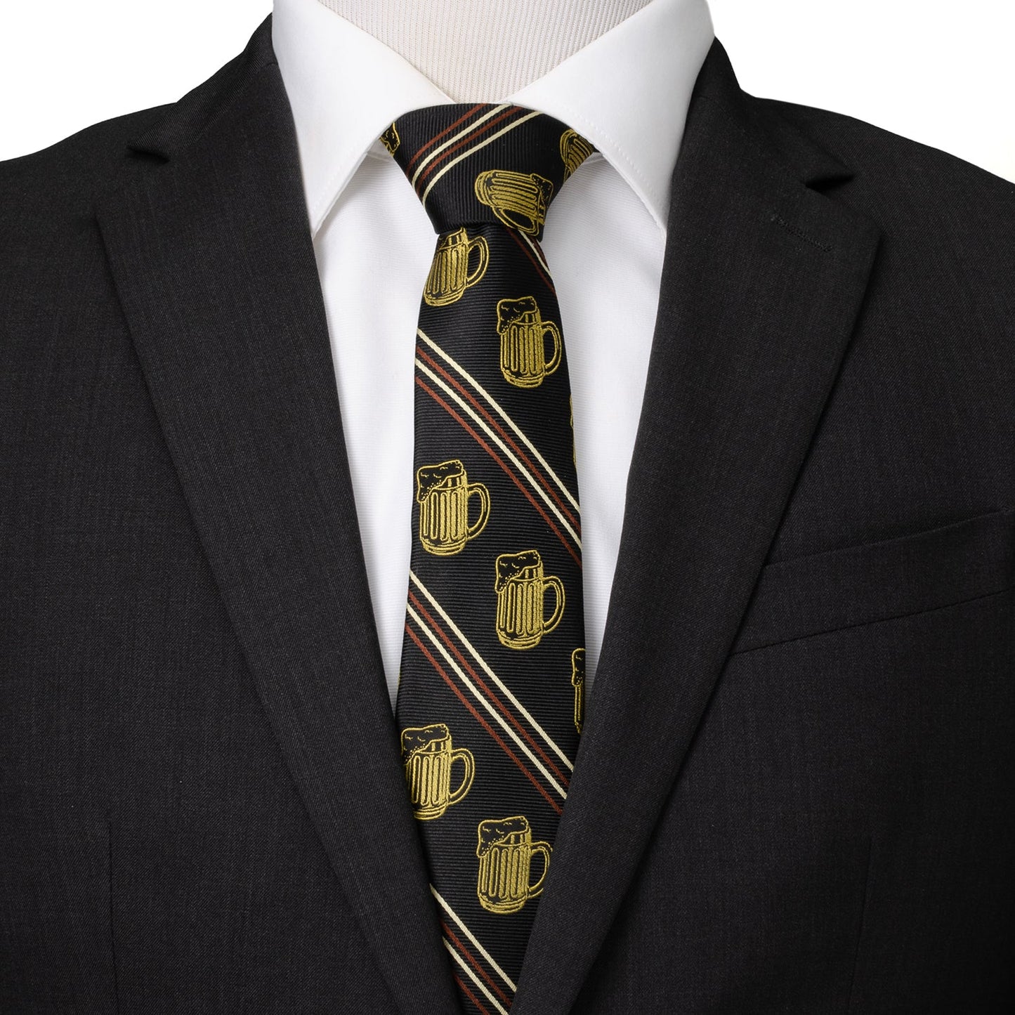 Black suit jacket with a white shirt and a tie featuring gold beer mug designs on a black background.
