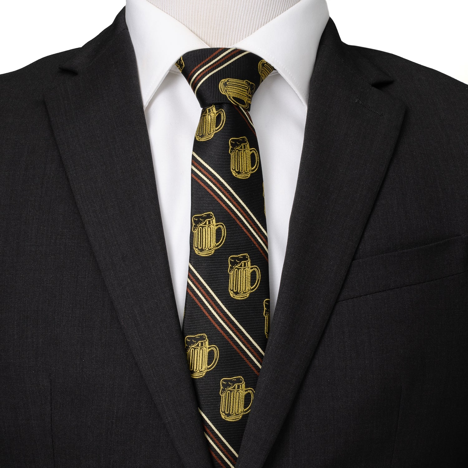 Black suit jacket with a white shirt and a tie featuring gold beer mug designs on a black background.