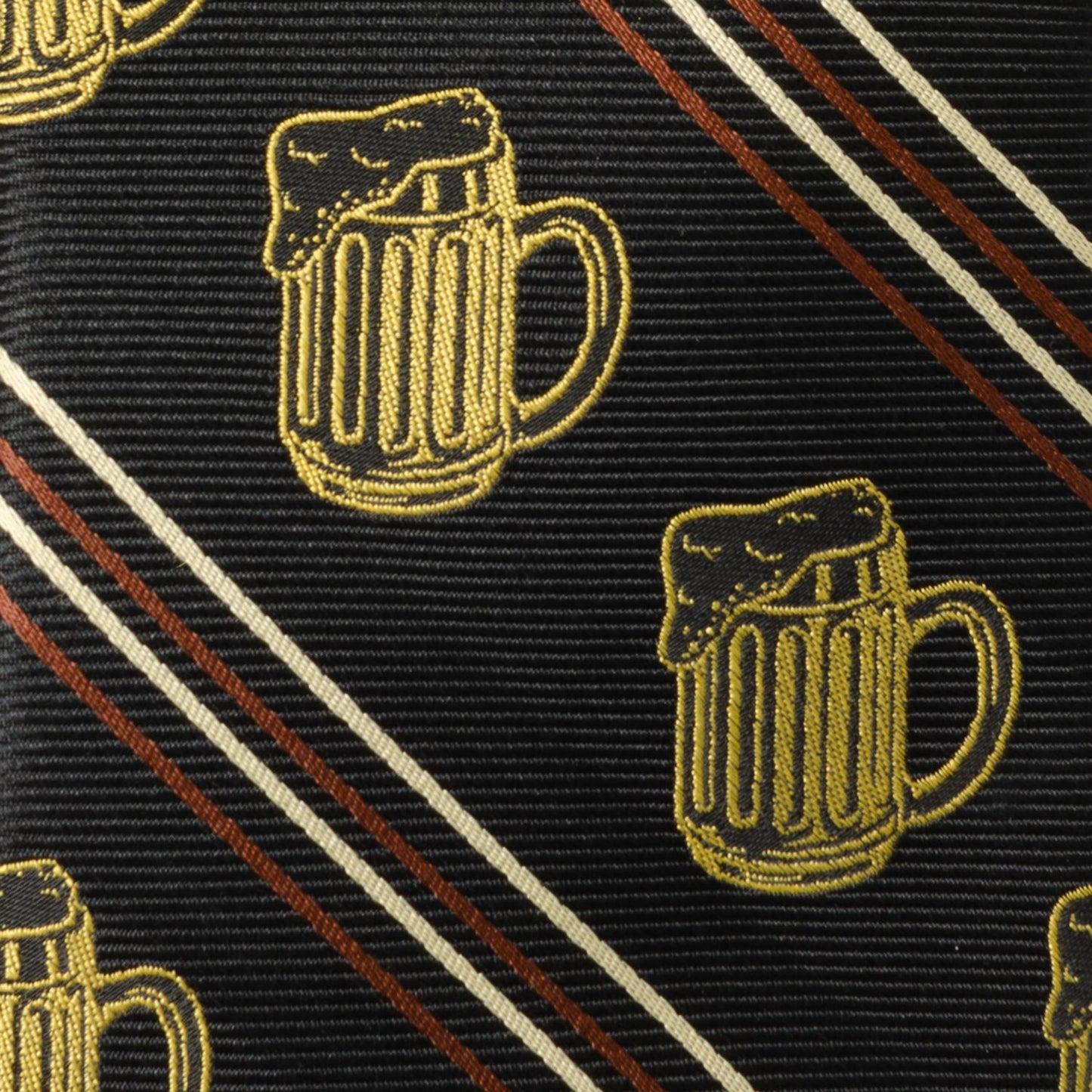 Narrow tie with embroidered beer mugs on a black background with diagonal stripes.