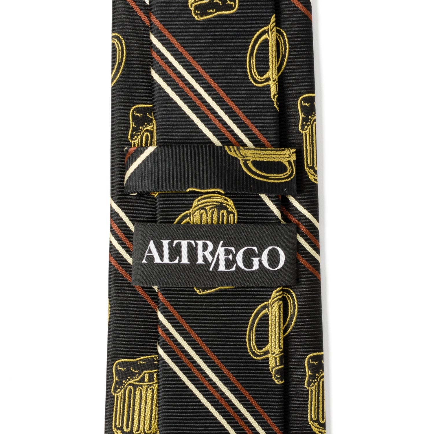 Tie with gold and red patterns on a black background, featuring the brand 'Altrégo'.