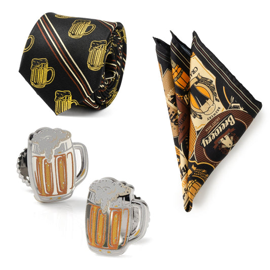 Men's accessory set with tie, pocket square, and cufflinks featuring beer mug design on a white background.