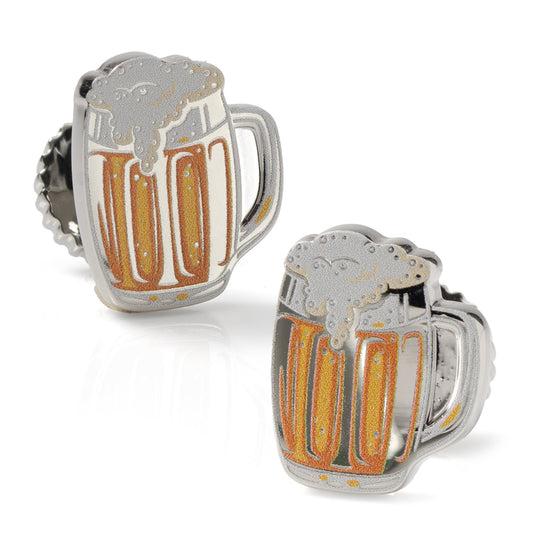 Beer mug-shaped cufflinks on a white background