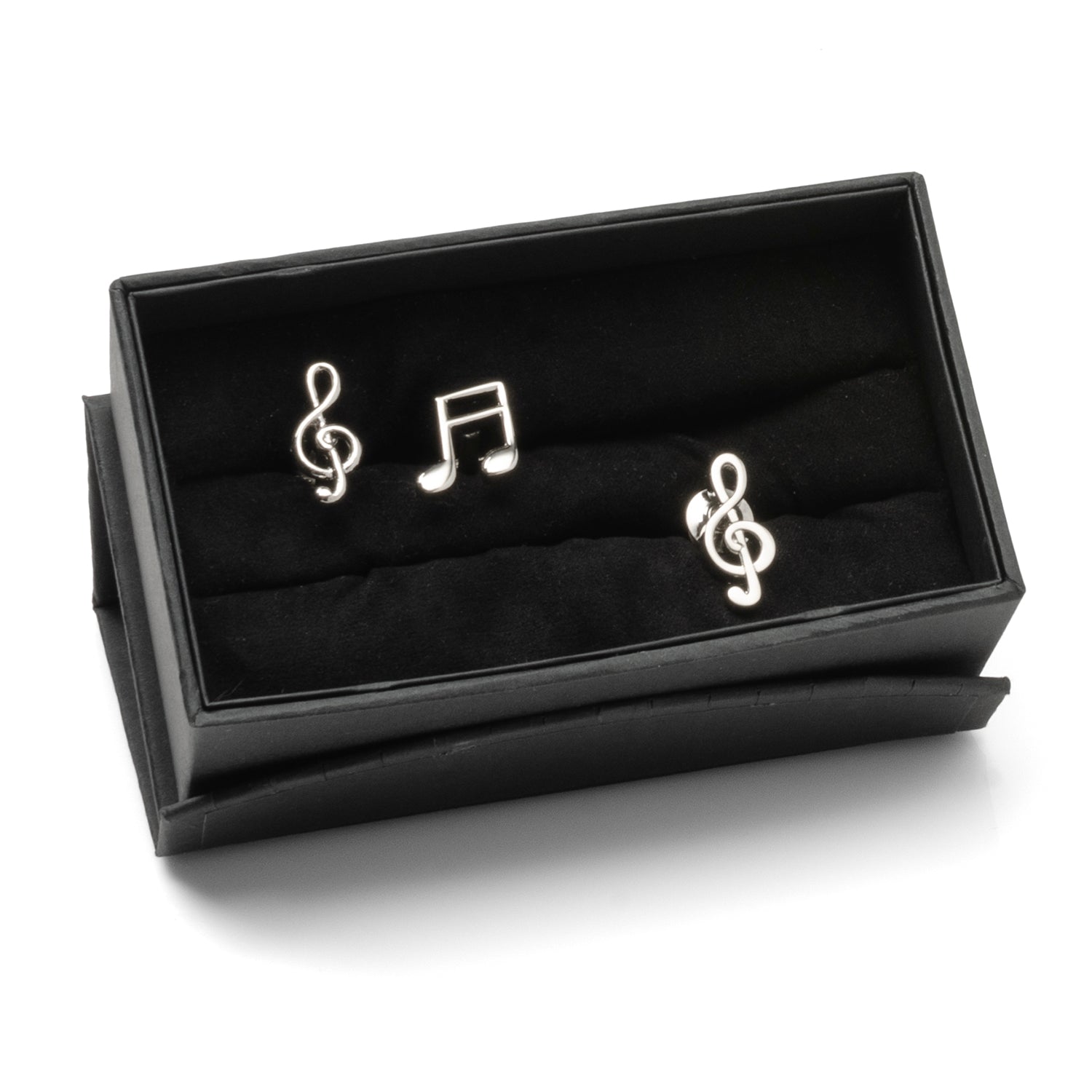 Music-themed cufflinks in a black box on a white background