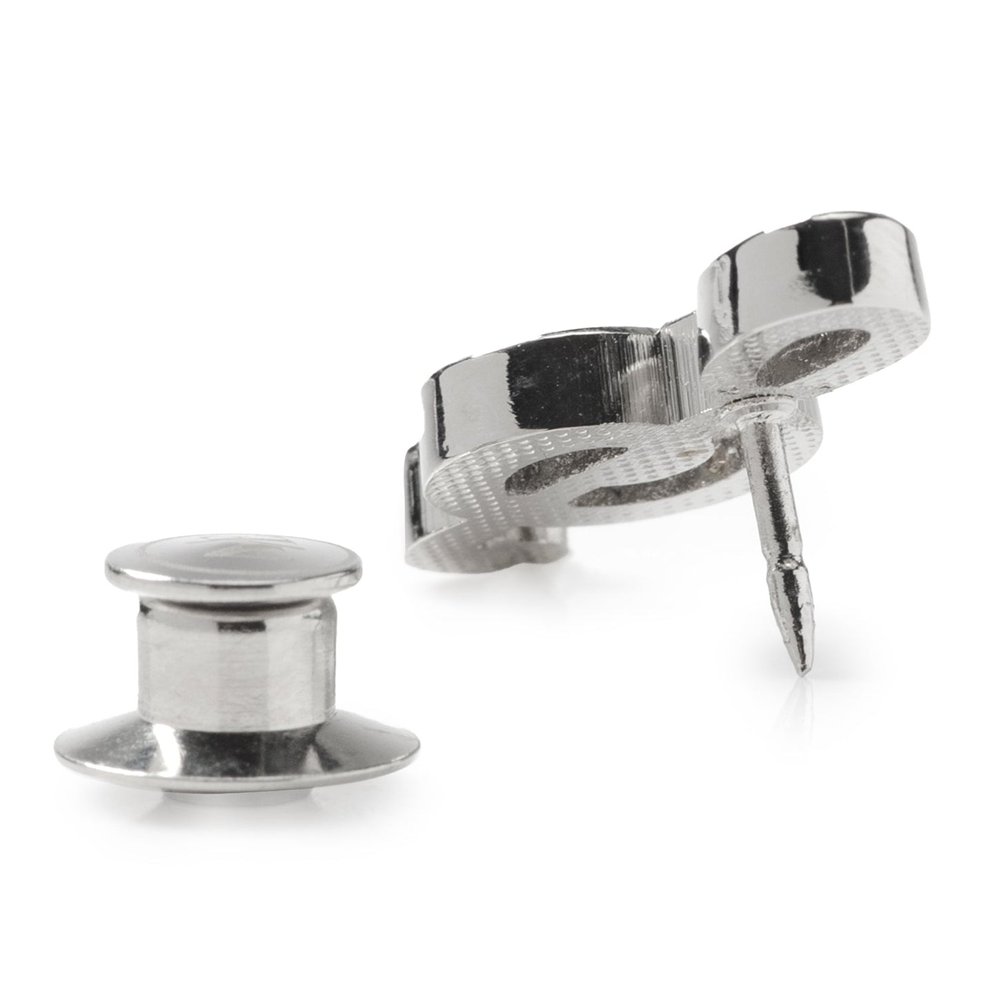 Silver spool and thread clamp on a white background