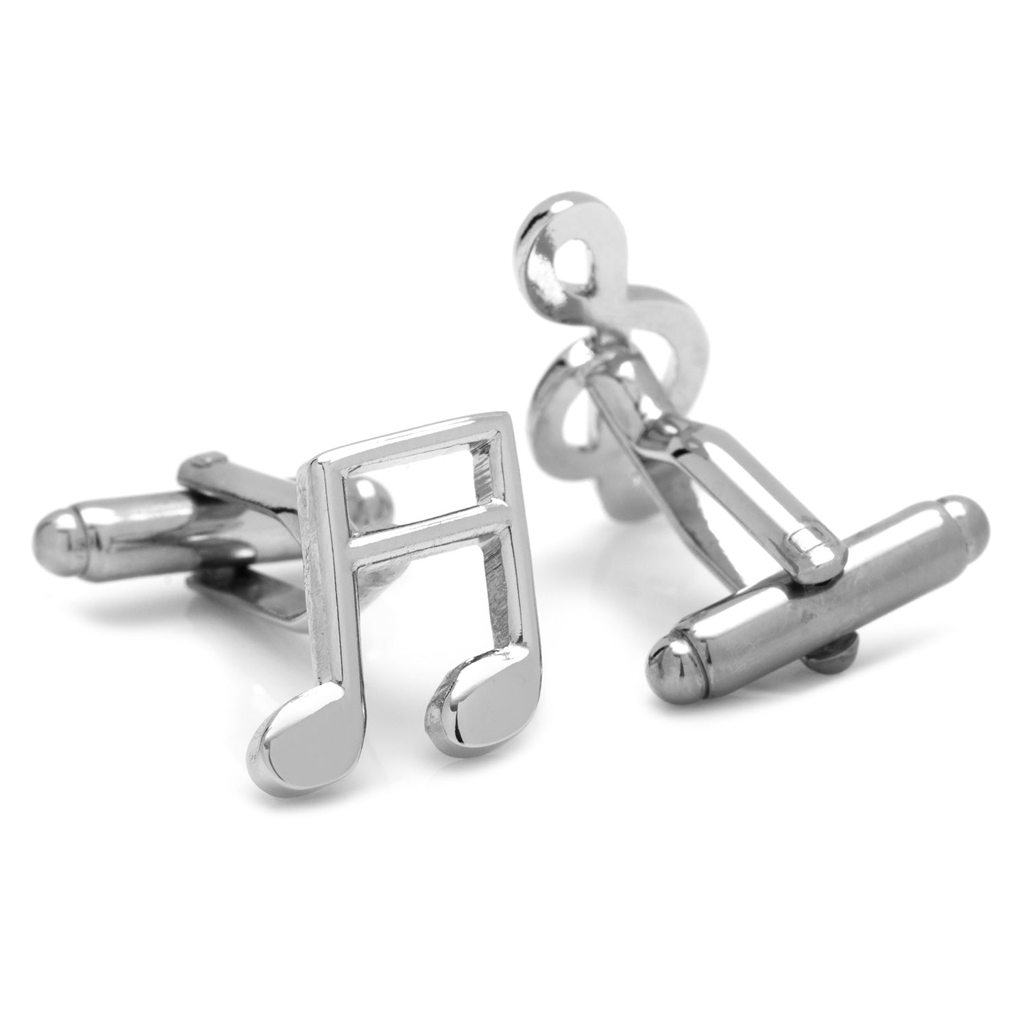Silver music note cufflinks on a white background