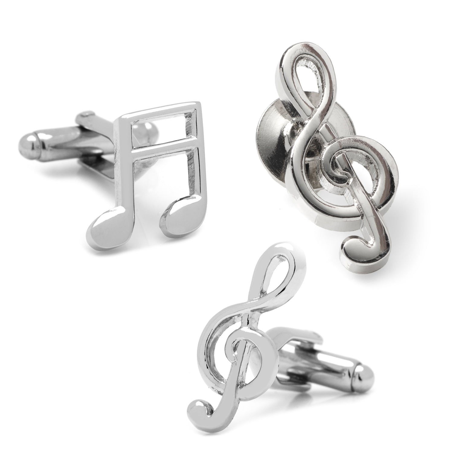 Silver music note cufflinks on a white background