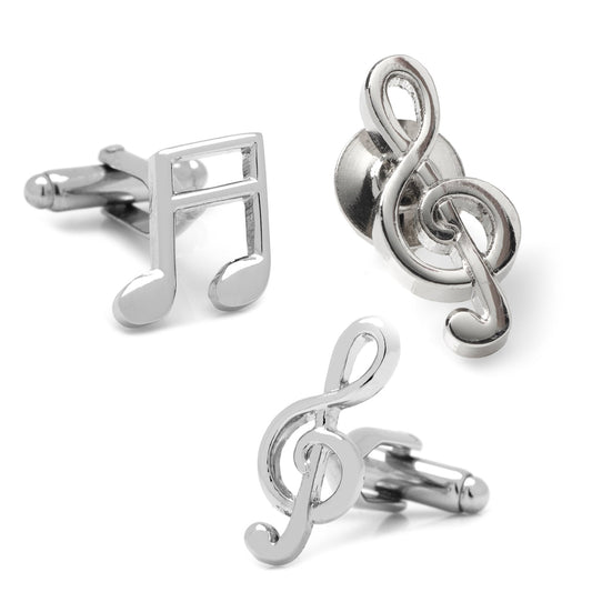 Silver music note cufflinks on a white background