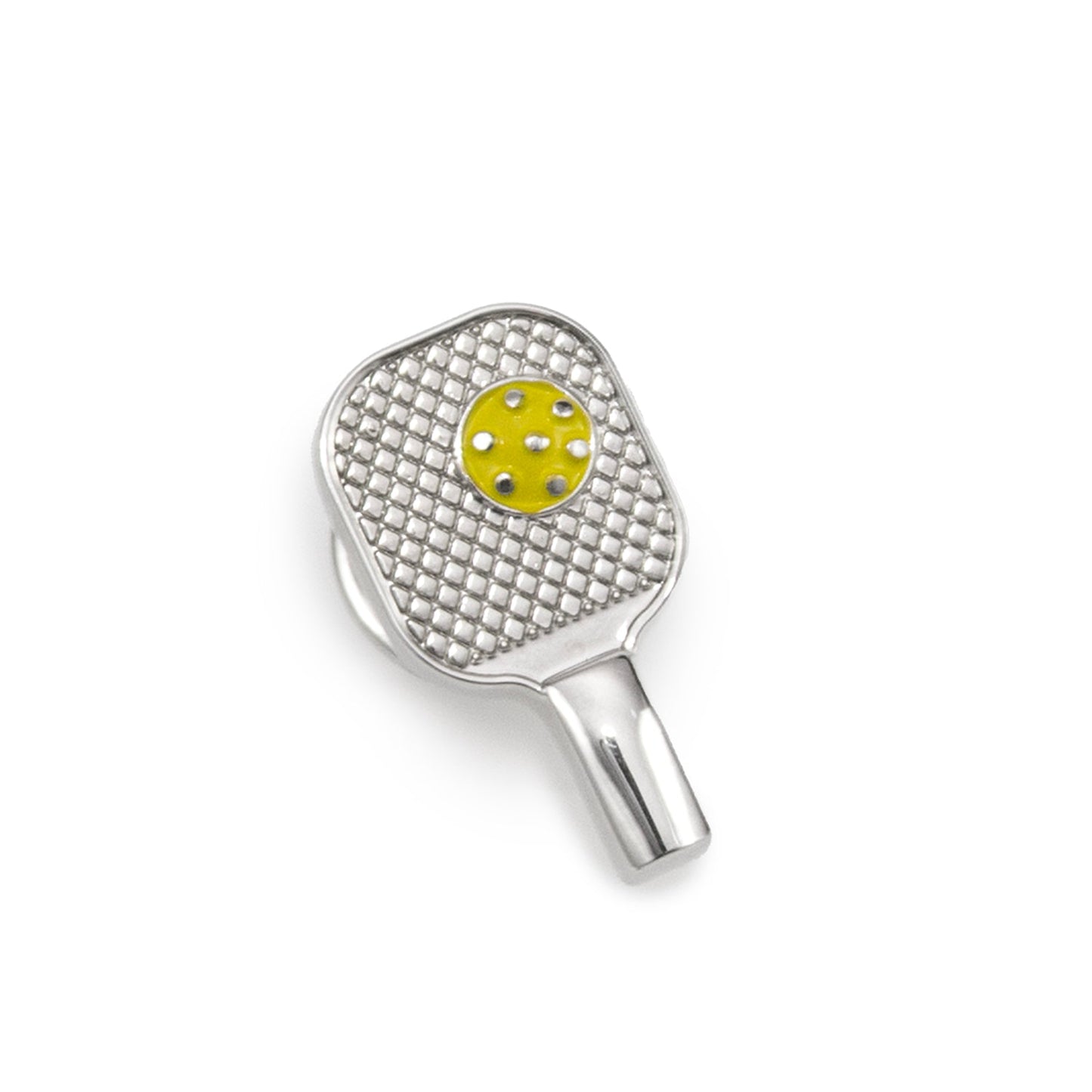 Pickleball racket silver lapel pin with yellow ball – JayPins sports accessory