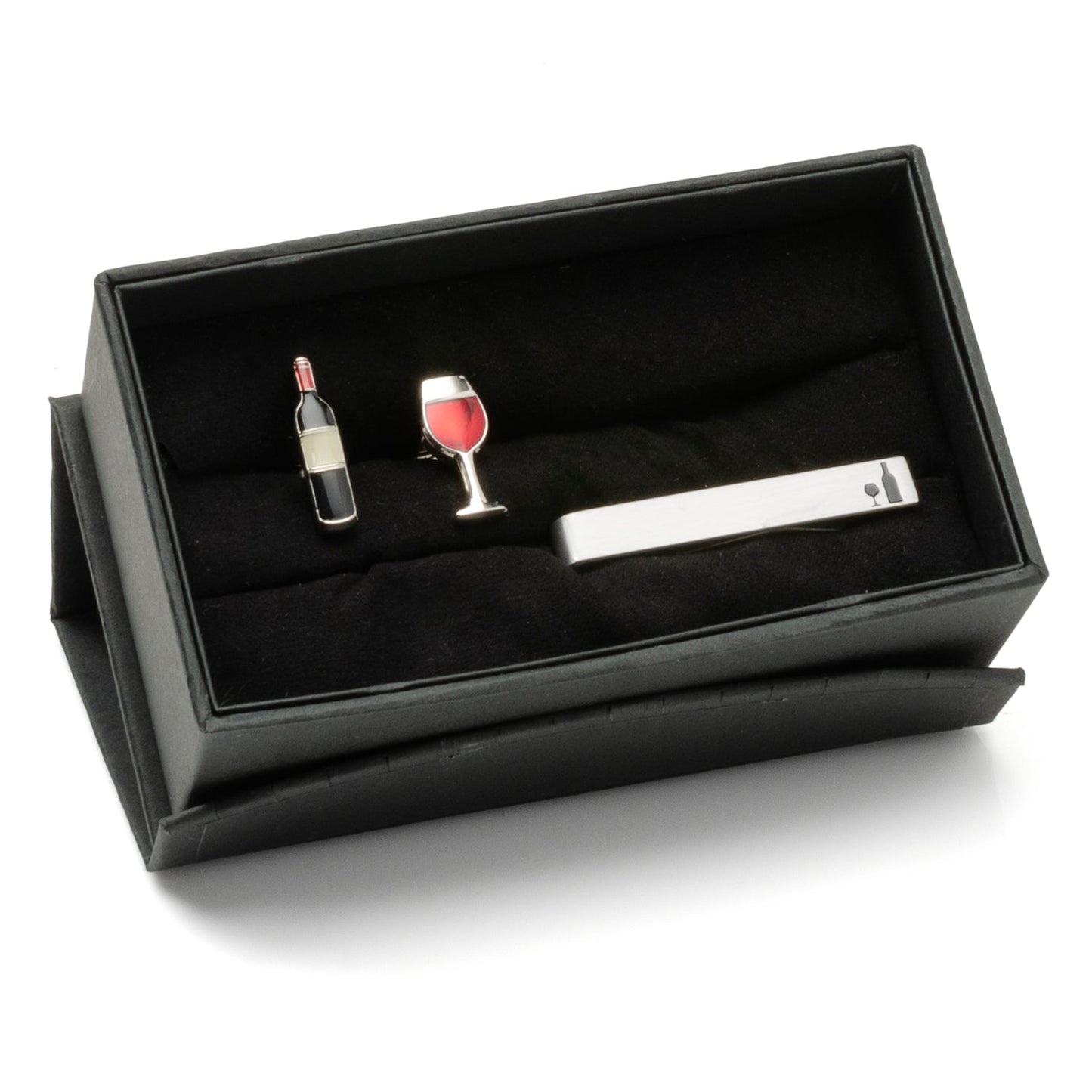 Wine-themed cufflinks and tie clip set in a black box on a white background